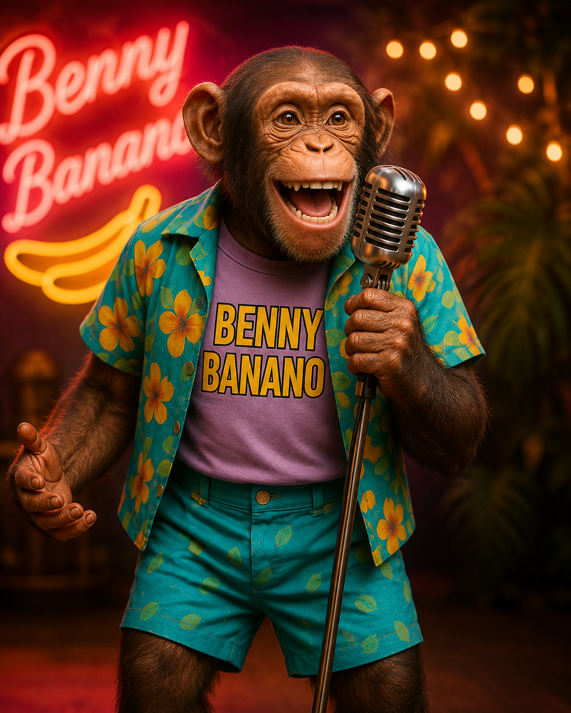 Benny Banano singt im Hawaii-Hemd an einem Mikrofon